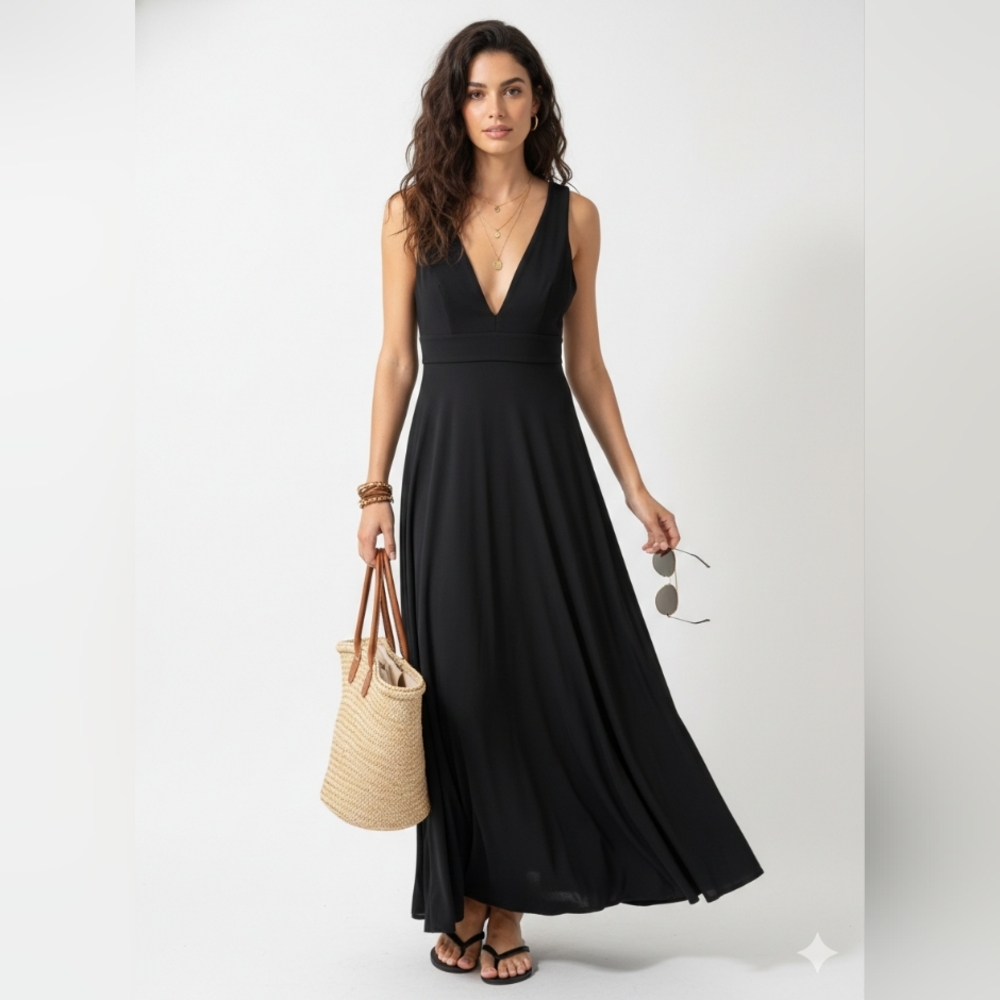 & Other Stories Elegant Black Deep V-Neck Maxi Dress